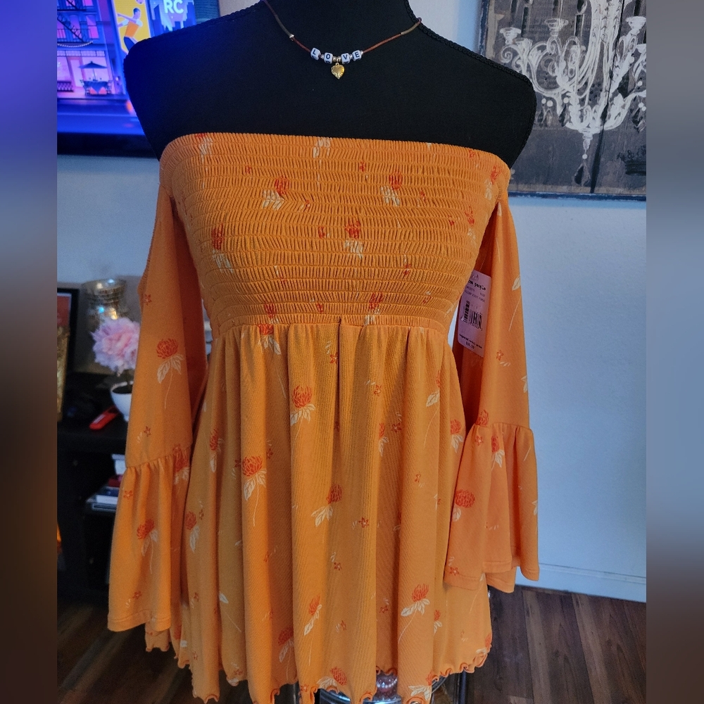FREE PEOPLE Lana Off The Shoulder Bell Sleeves Orange Smocked Tunic NWTS Size XS - Picture 6 of 13
